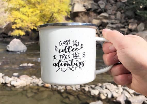 Farm House camping mugs - Happy Camper - Explore More - Wanderlust -  ceramic coffee mug with coaster / lid - gift idea