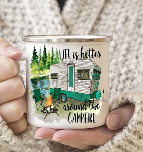 Personalized Campfire Mug 12oz Enamel Camping Coffee Mugs Outdoor Camp  Style Mountain Travel Happy Camper Tin Coffee Cup Gift
