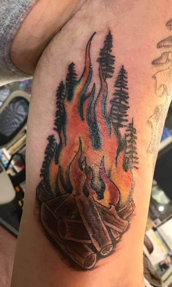 Camping tattoo done by Nate at No Regrets in Oklahoma City  rtattoos