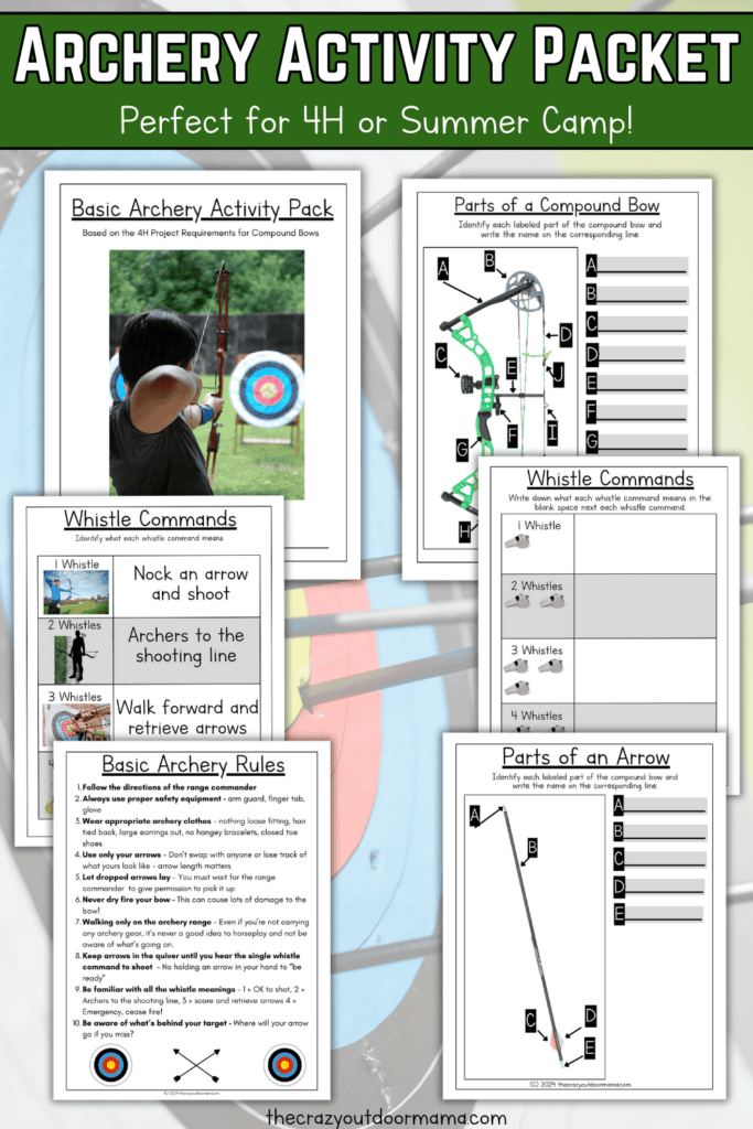 archery activity to practice labeling bow arrow and practice whistle commands